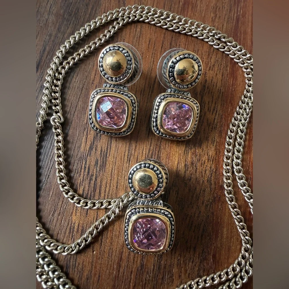 Silver and Gold Tone Necklace Pendant and Pierced Earrings Pink Jewelry Set